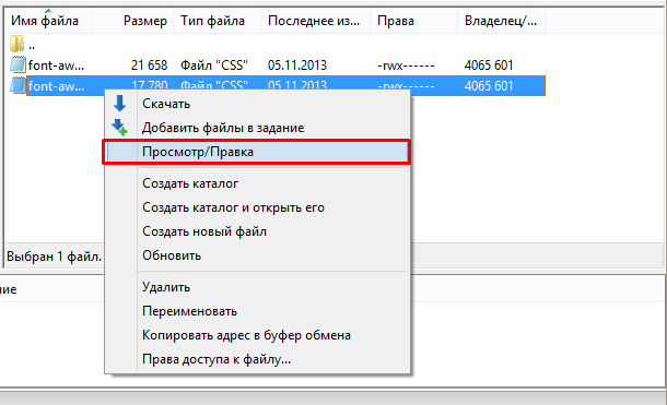 Просмотр/правка файла в Filezilla
